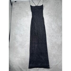 Babyboo Women Black Silver Glitter Maxi Dress Spaghetti Strap Keyhole Back L